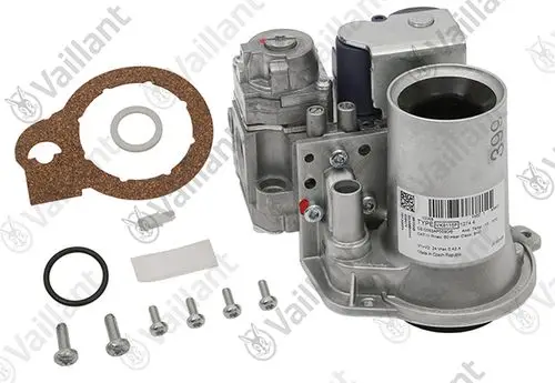 Vaillant Gasarmatur mit Zubehörteilen, einschließlich Dichtungen, Schrauben und einem Montageset. Komponenten zur Installation und Instandhaltung eines Heizsystems.